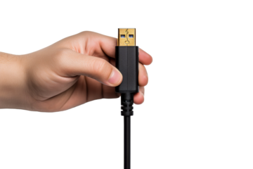 Hand Holding Black USB Cable. On a White or Clear Surface PNG Transparent Background.