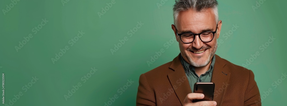 Wall mural Photo of a smart man in his 20s with short silver hair and black glasses, smiling while using an smartphone mobile phone on a green background with copy space for text. Web banner with copyspace - Wall murals