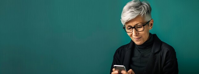 Photo of A mature businesswoman with short silver grey hair and glasses using her smartphone on green background, copy space for text. Web banner showing a woman smiling while looking at phone