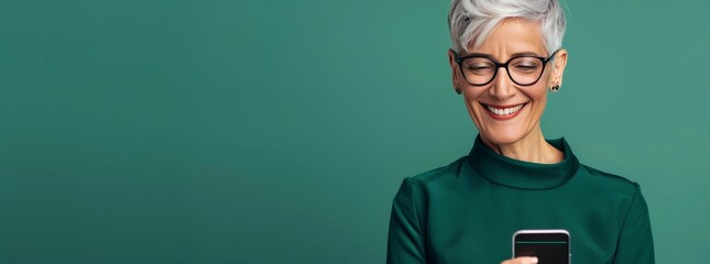 Photo of A mature businesswoman with short silver grey hair and glasses using her smartphone on green background, copy space for text. Web banner showing a woman smiling while looking at phone - Powered by Adobe
