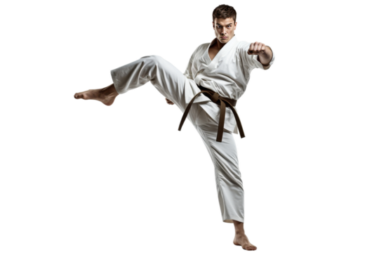 Man Practicing Karate on White Background. On a White or Clear Surface PNG Transparent Background.