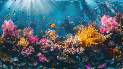 A close-up of a colorful coral reef with diverse marine life, showcasing the richness and fragility of marine ecosystems
