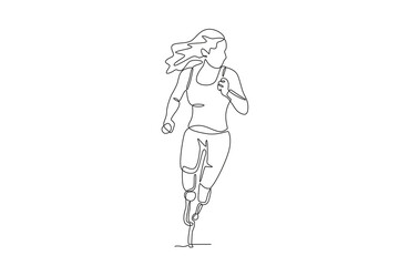 Disabled female running athlete using prosthetic leg.Parasport one-line drawing