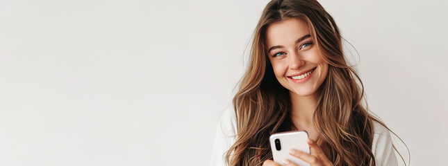Photo of An elegant woman in her 20s with long wavey hair, smiling while using smartphone on a white background with copy space for text or product. Web banner. Mobile phone use