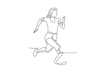 Obraz premium female track athlete who uses a prosthetic leg.Parasport one-line drawing