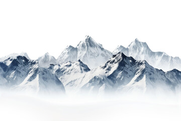 Snowy Mountain Range Shrouded in Clouds. On a White or Clear Surface PNG Transparent Background.
