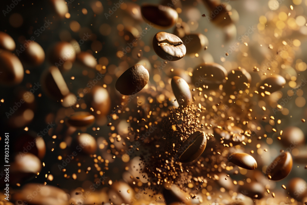 Poster macro shot of coffee beans falling. motion blur. coffee. background image. created with generative a