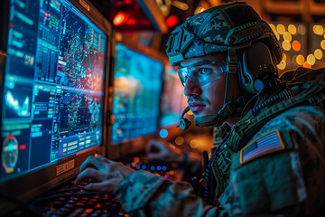Soldier in Military Uniform Operating Computer - obrazy, fototapety, plakaty