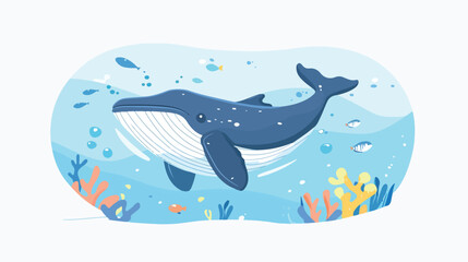 Cartoon whale swimming in the ocean flat vector 