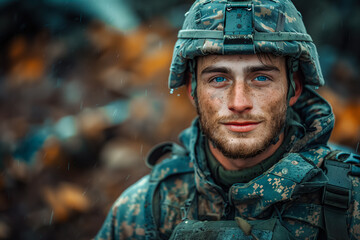 Close Up of Soldier Wearing Helmet - obrazy, fototapety, plakaty