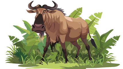 Cartoon wildebeest mascot in the jungle flat vector 