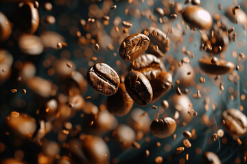 Macro shot of coffee beans falling. Coffee. Background image. Created with Generative AI technology. - obrazy, fototapety, plakaty