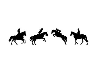 Set of Woman Horse Riding Silhouette in various poses isolated on white background