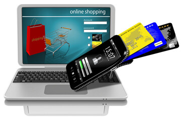 Illustrazione 3D. Pagamento elettronico. Computer portatile, carta di credito e applicazione smartphone come simbolo dei pagamenti online..