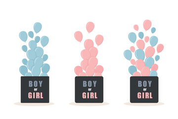 Gender reveal party. Its a girl. Its a boy. Its twins. Set of open surprise gift boxes with inscriptions Boy or girl. Pink and blue balloons. Baby shower greeting card. Cartoon vector illustration.