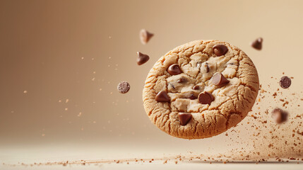 A delightful chocolate chip cookie, with chocolate chips scattered around it, hangs in mid-air...
