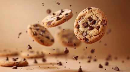 Chocolate chip cookies suspended mid-air with scattered chocolate chips on a brown background.