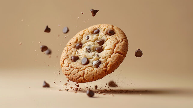 A delightful chocolate chip cookie, with chocolate chips scattered around it, hangs in mid-air against a warm brown backdrop