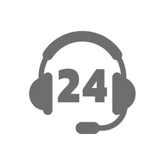 Headset or headphones with 24 vector icon. Twenty four hour call center service.