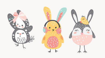 Obraz na płótnie Canvas Chick and bunny with headphone flat vector