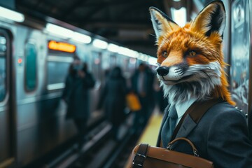 sly business fox with briefcase waiting for the subway in urban hustle
