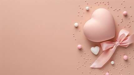Heart-shaped object with pink ribbon and small hearts on pink background