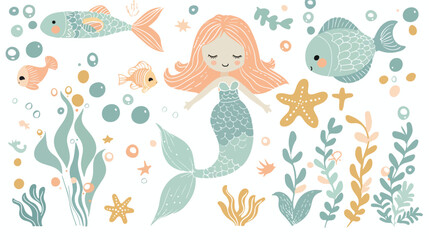 Fototapeta na wymiar Childish illustration with cute mermaid seaweed