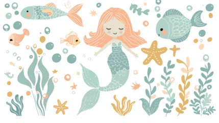 Gartenposter Meeresleben Childish illustration with cute mermaid seaweed