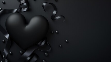 Elegant black heart and ribbons with glossy spheres on a textured background