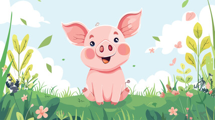 Obraz na płótnie Canvas Cartoon adorable baby pig on the farm flat vector isolated