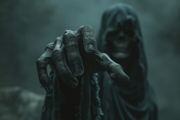 grasping hands of a shrouded figure in a misty, foreboding setting
 - obrazy, fototapety, plakaty