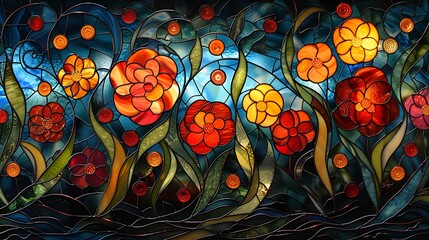 A vibrant, stained glass design inspired by Art Nouveau flora, where the organic forms of plants and flowers are captured in colorful glass, with light filtering through to create a luminous effect. - obrazy, fototapety, plakaty