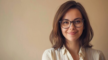 Smiling businesswoman wearing glasses, isolated on cream background