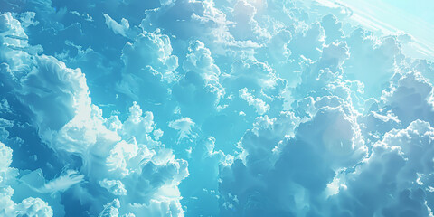 blue sky with clouds and sun, white fluffy clouds on blue sky background, banner	