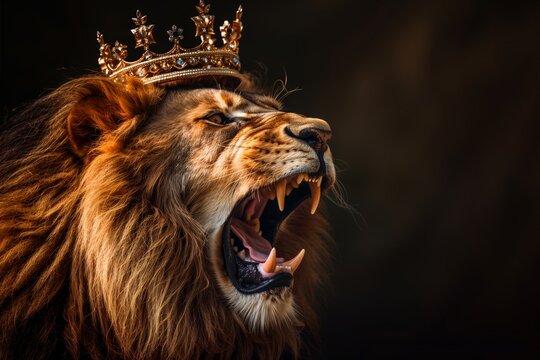 roaring crowned lion portrait symbolizing regal ferocity and power
