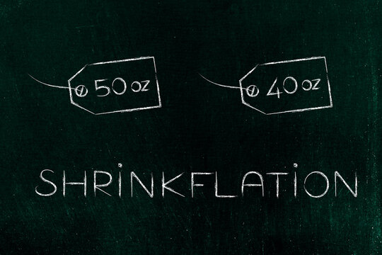 Shrinkflation design with product weight labels, products getting smaller for the same price due to Inflation