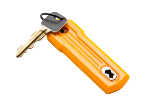 Orange Key Fob With House Key Isolated on White Background. On a White or Clear Surface PNG Transparent Background.