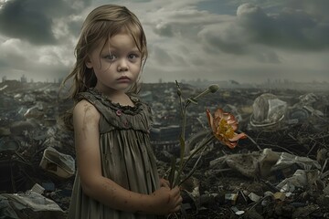 Mała dziewczynka z kwiatkiem na tle zanieczyszczonej ziemi - obrazy, fototapety, plakaty