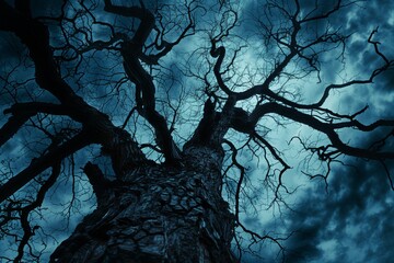 Foreboding Tree Silhouette Against Dark Cloudy Sky, Tangled Branches Network
