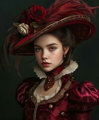 Młoda dziewczyna w czerwonym kapeluszu w stylu barokowym - obrazy, fototapety, plakaty
