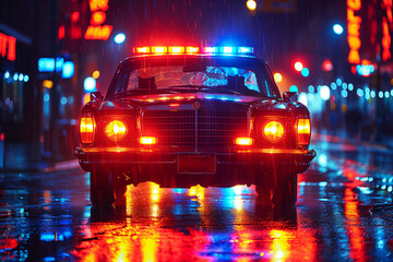 Vintage police car with siren lights on rainy night - obrazy, fototapety, plakaty