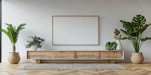 modern living room interior with White cabinet tv  and blank frame photo and plant with wooden floor, simple interior design style, minimalist design	
 - obrazy, fototapety, plakaty
