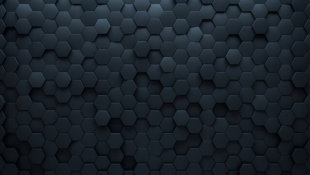 Futuristic, Semigloss Mosaic Tiles arranged in the shape of a wall. Hexagonal, 3D, Bricks stacked to create a Black block background. 3D Render