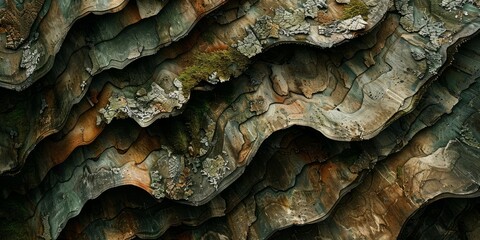 Close-up textured bark design, in earthy brown and green hues