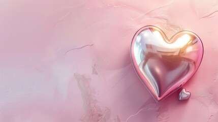 Glossy metallic hearts on a textured pink background with soft lighting