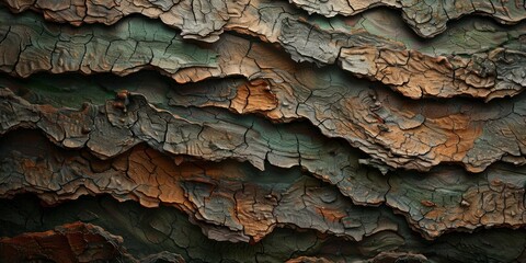 Close-up textured bark design, in earthy brown and green hues - obrazy, fototapety, plakaty