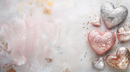 Metallic painted heart-shaped objects with glitter on a pink background