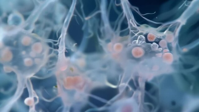 Tiny invaders taking over a plants root system seen through a microscope as dozens of pale wormlike s intertwining and feeding off . AI generation.