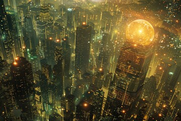 A glowing globe located in the middle of a bustling city. Its bright presence lit up the cityscape.