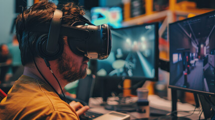 Technologists wearing VR headsets are eagerly anticipating the latest devices and innovations. By staying ahead in the world of technology and innovation that is constantly evolving. - obrazy, fototapety, plakaty